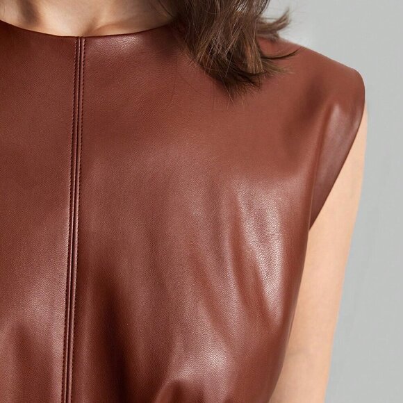 Brown Elegant Women's Round Neck Sleeveless Wide Shoulder PU Dress - Picture 7 of 9